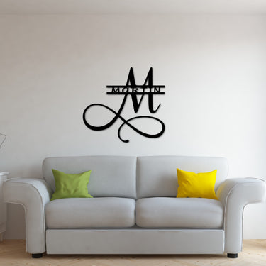 Split Last Name Monogram with Last Name Initial | Metal Art Sign with Scrolls | Custom Metal Sign | Personalized Family Name Wall Decor